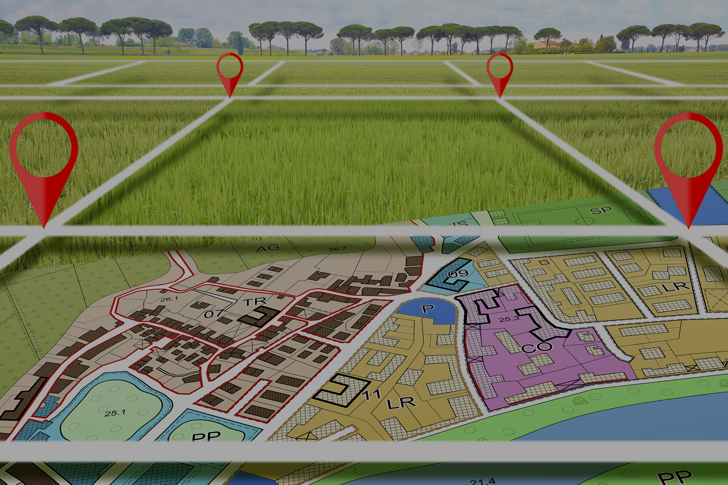 Spatial planning – a GIS map in the foreground, lying on a meadow; on the meadow, a grid and several markers at the corners. Trees in the background.