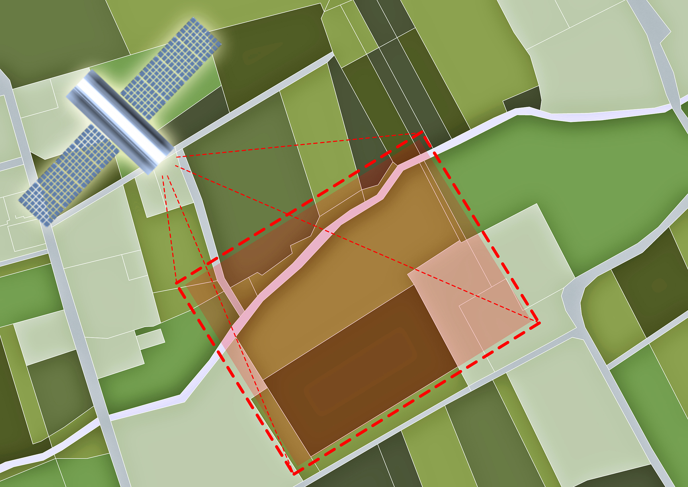 Spatial planning Use Cases: with imaginary rural map of territory, land parcels and geodetic satellite taking an aerial photogrammetry - Land measurement and remote relief from space - Cartographic and topographic technologies