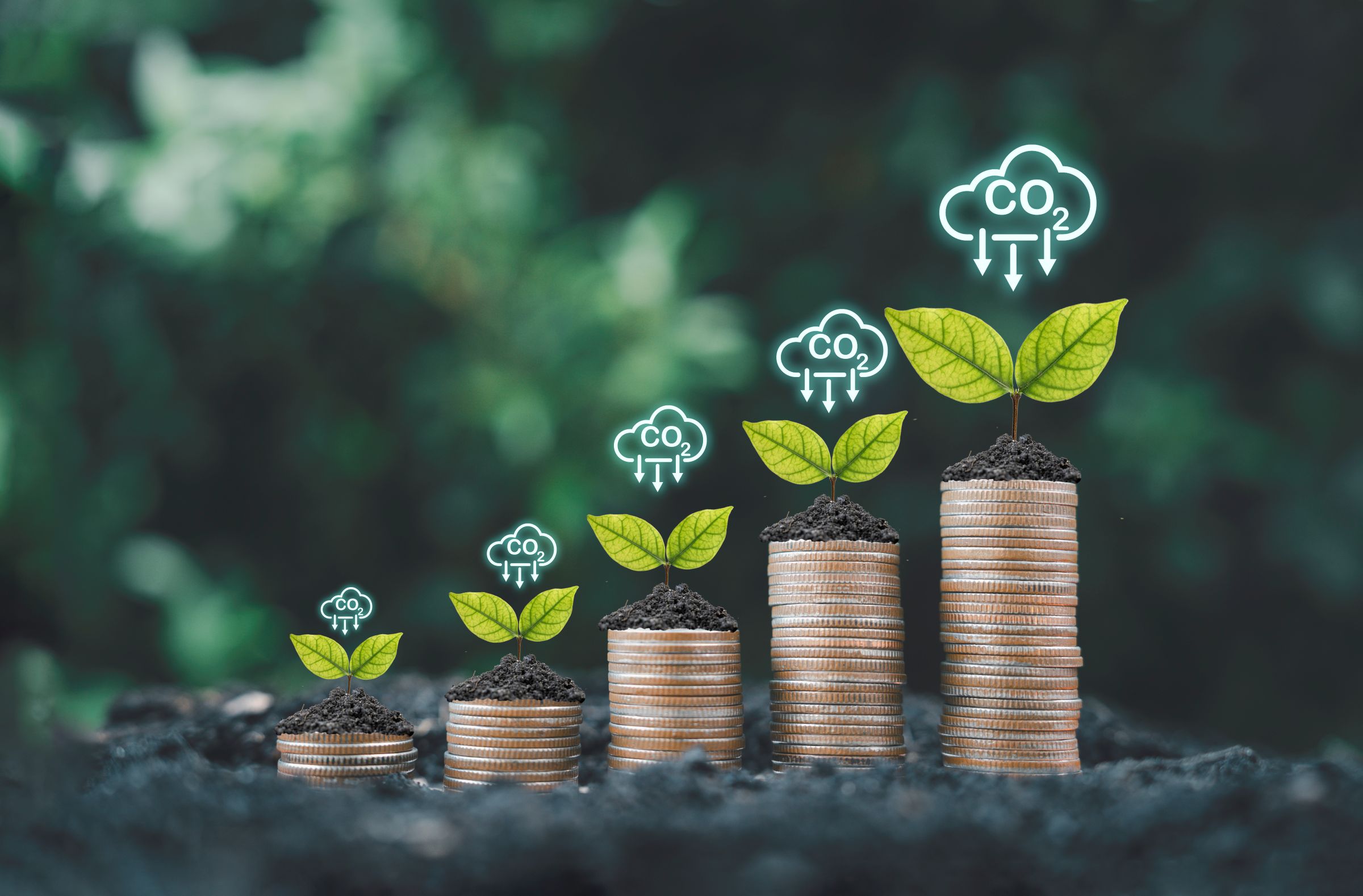 Plants growing on money, absobing carbon dioxide